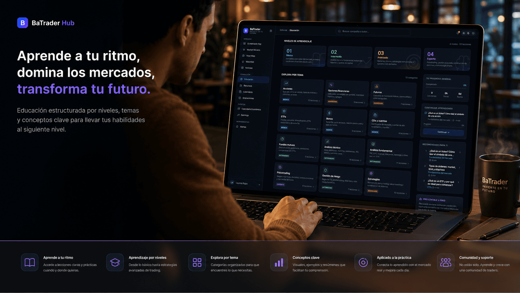 Sección educativa de BaTrader Hub, con niveles de aprendizaje, temas organizados y progreso